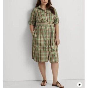 LRL Ralph Lauren Green and Pink Plaid Flannel Belted Shirt Dress 22W NWT